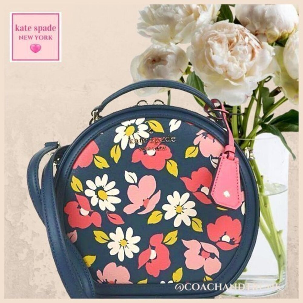 KATE SPADE Traveler Canteen Crossbody Bag Navy Blue Leather Multi Floral NWT